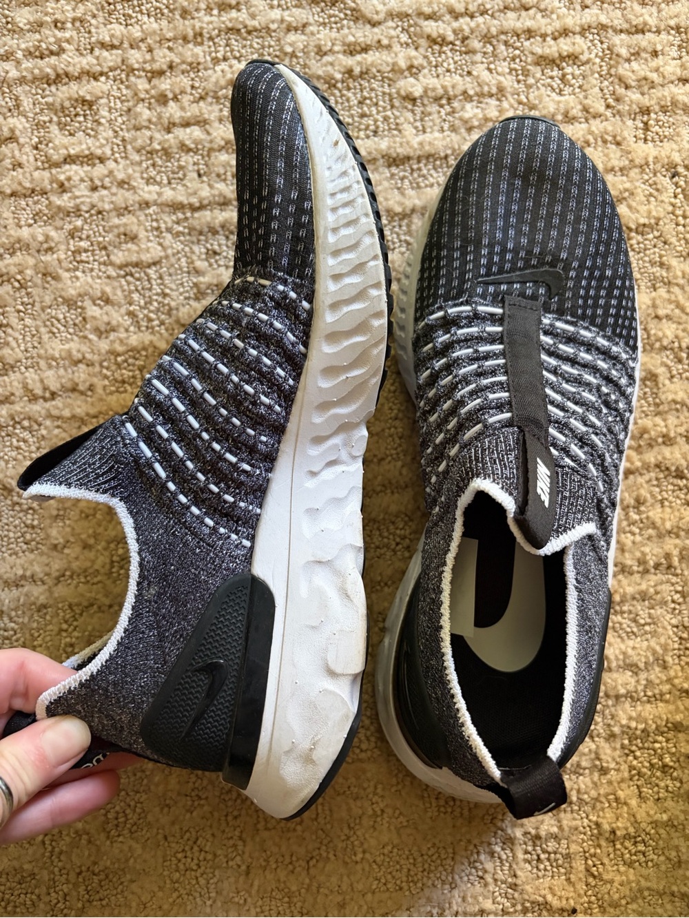Nike Women’s Black and White Knit Slip-On Running Sneakers